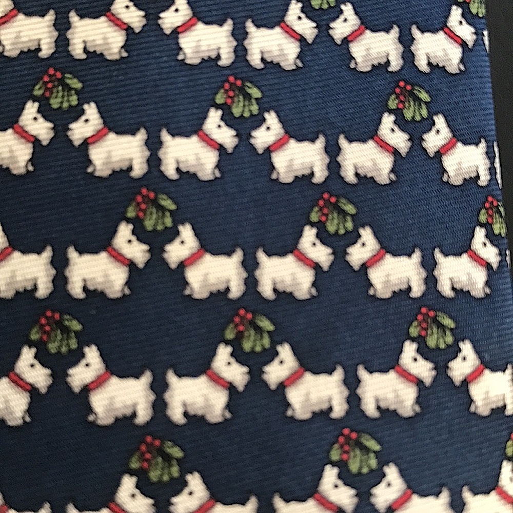 Tommy Hilfiger Silk Westie Christmas Tie White Terrier Dogs Under Mistletoe